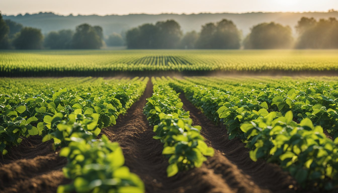 A lush Nebraska soybean field with precision agriculture equipment and smart irrigation systems optimizing soil health and fertility for high yield in 2025