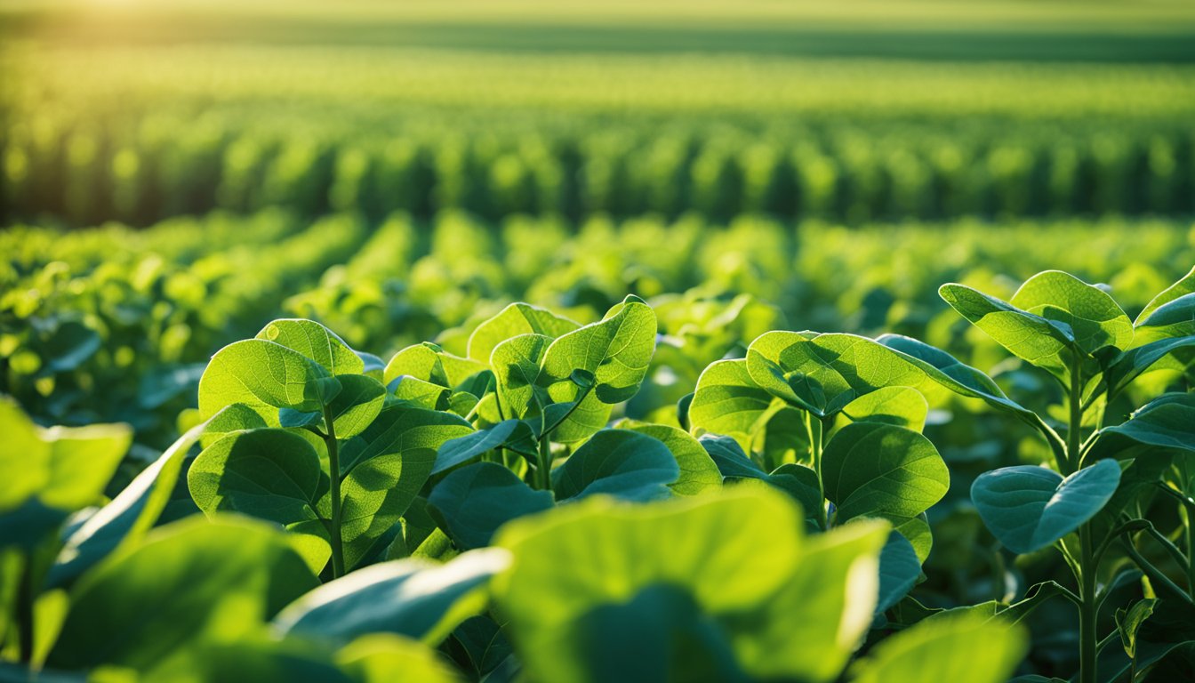 A lush Nebraska soybean field with precision agriculture technology and smart irrigation systems in place, maximizing yield for 2025