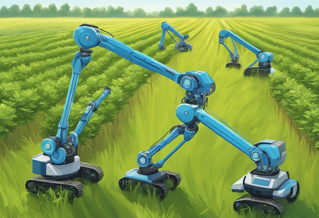 Robotic arms equipped with sensors and cameras scan a field, identifying and targeting weeds for precise application of herbicides