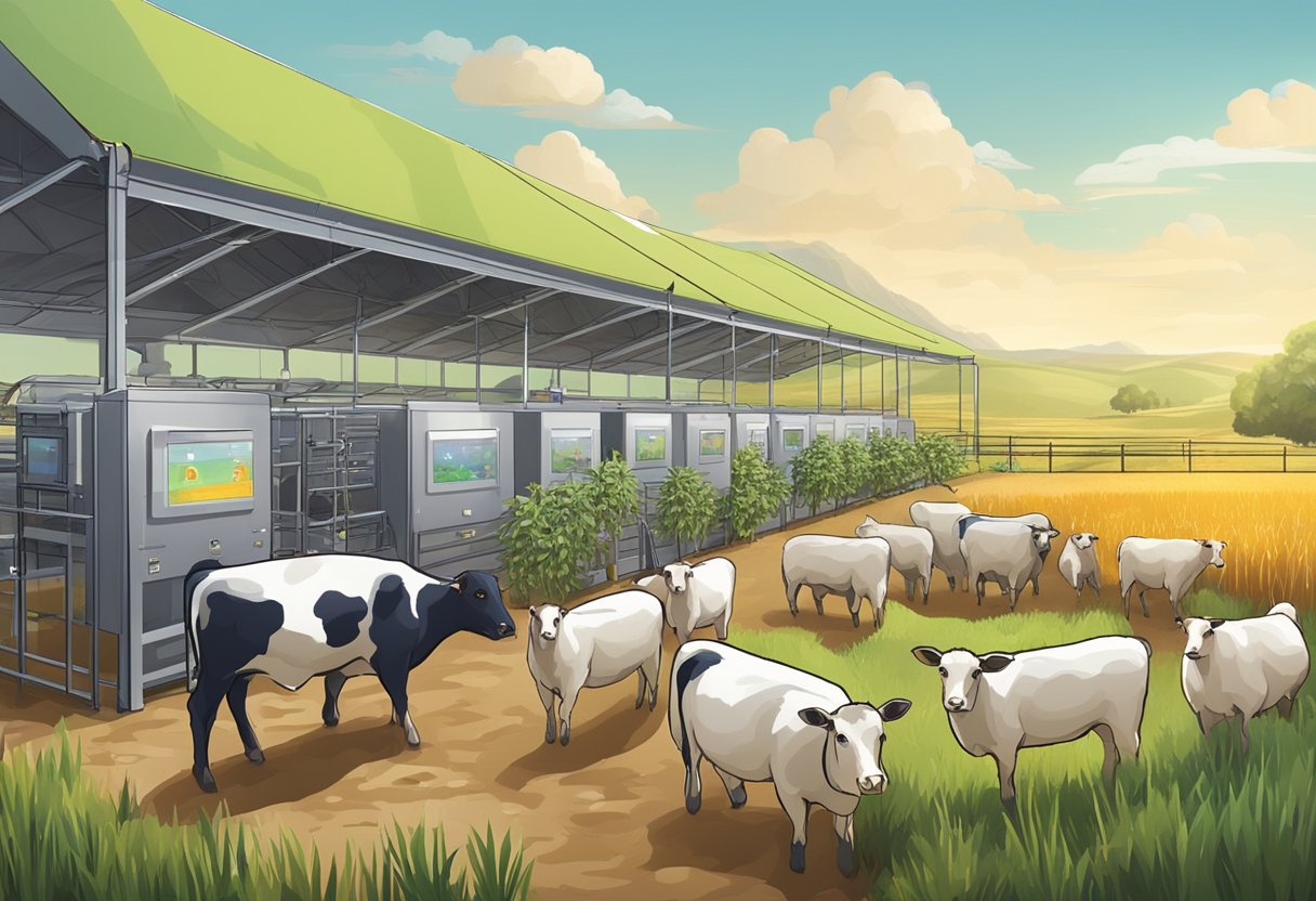 A group of healthy livestock being monitored by AI technology in a modern agricultural setting