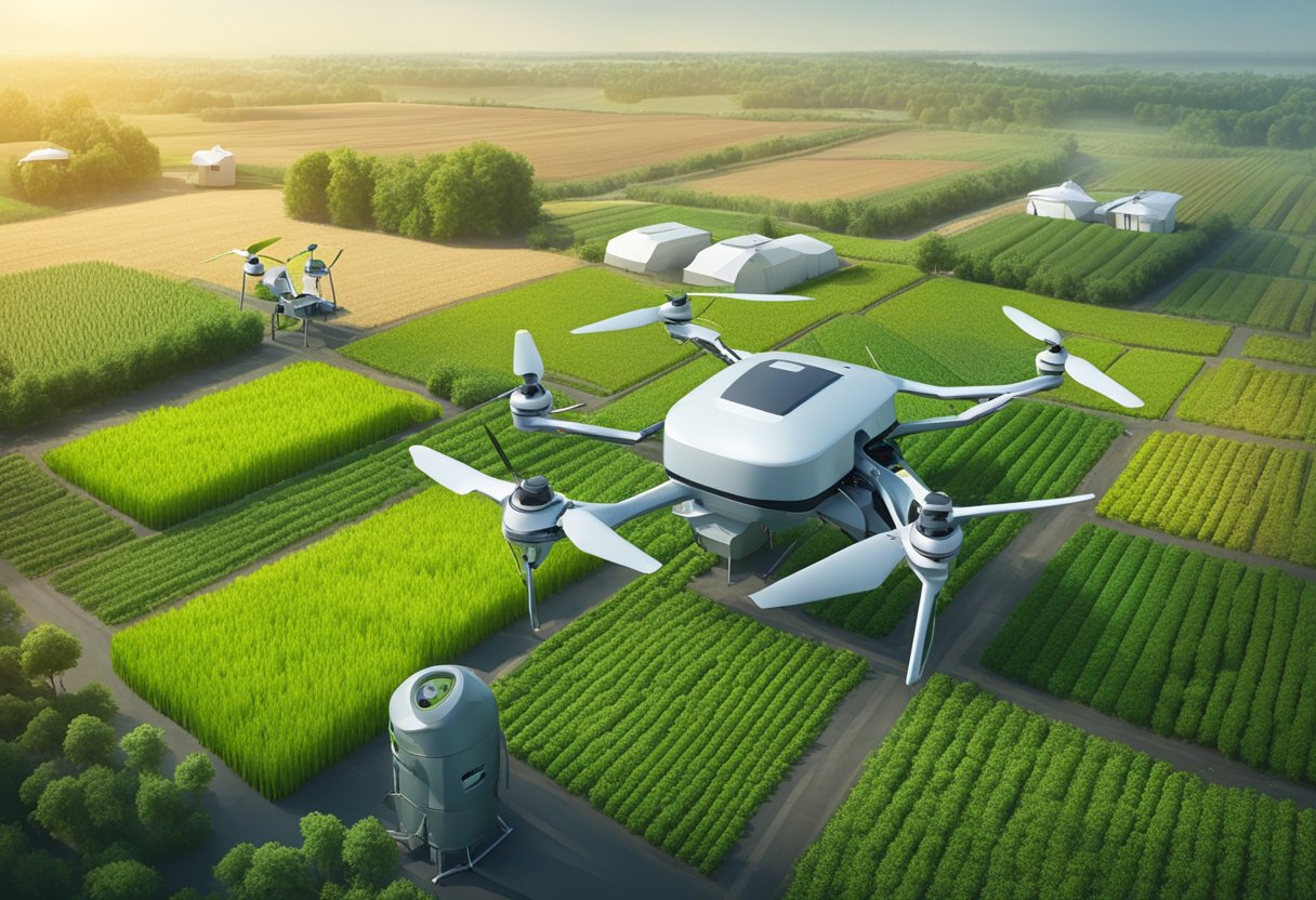 A farm field with various crops surrounded by high-tech sensors and drones collecting data for predictive analysis