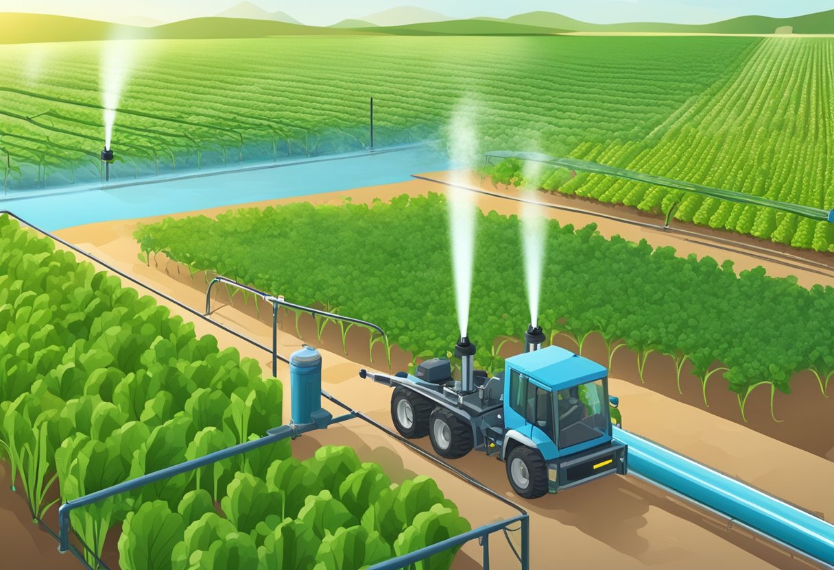 A field of crops being watered by a precision irrigation system, with sensors and AI technology monitoring and adjusting water distribution