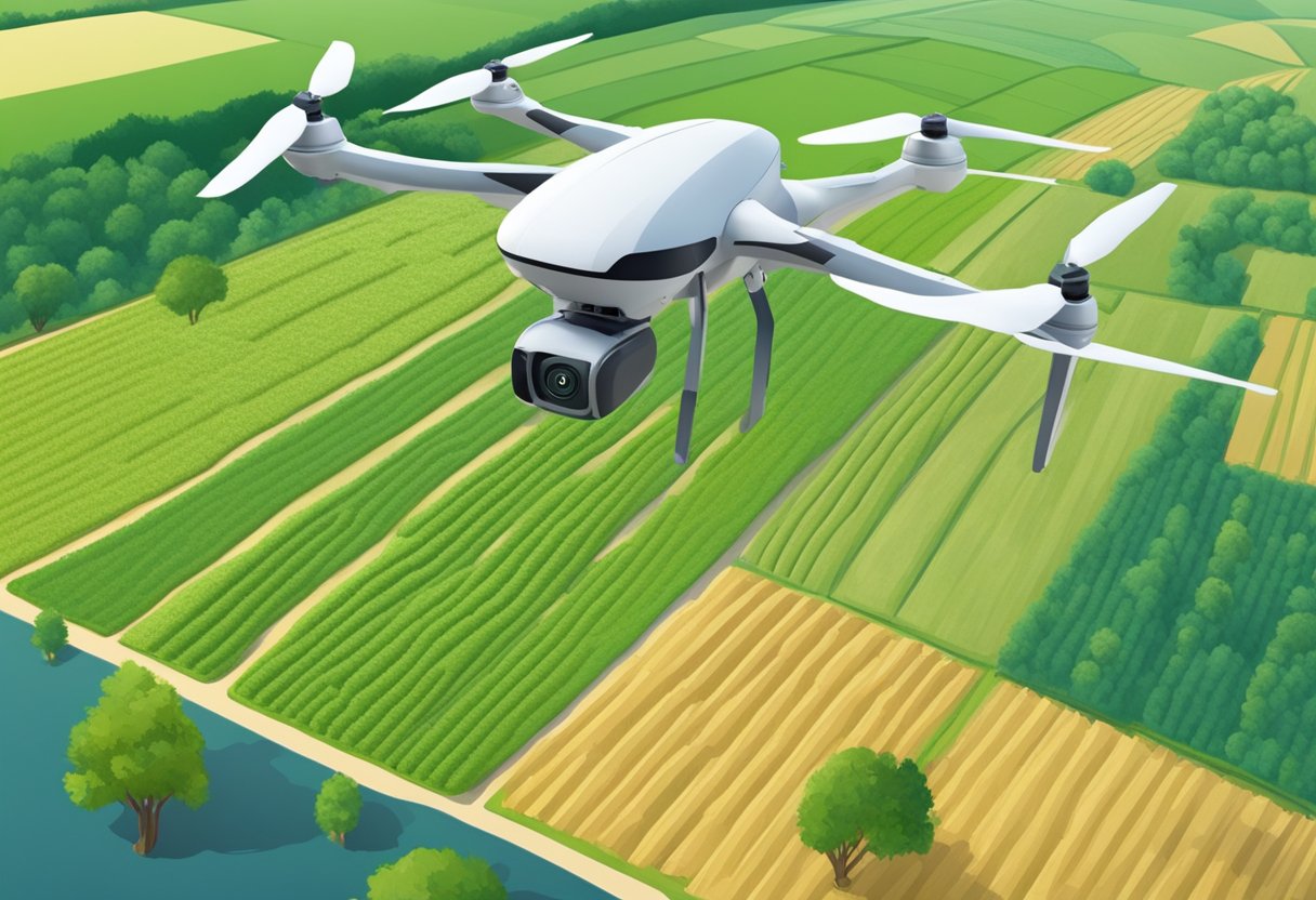 A drone hovers over lush farmland, equipped with AI technology for precision agriculture surveillance