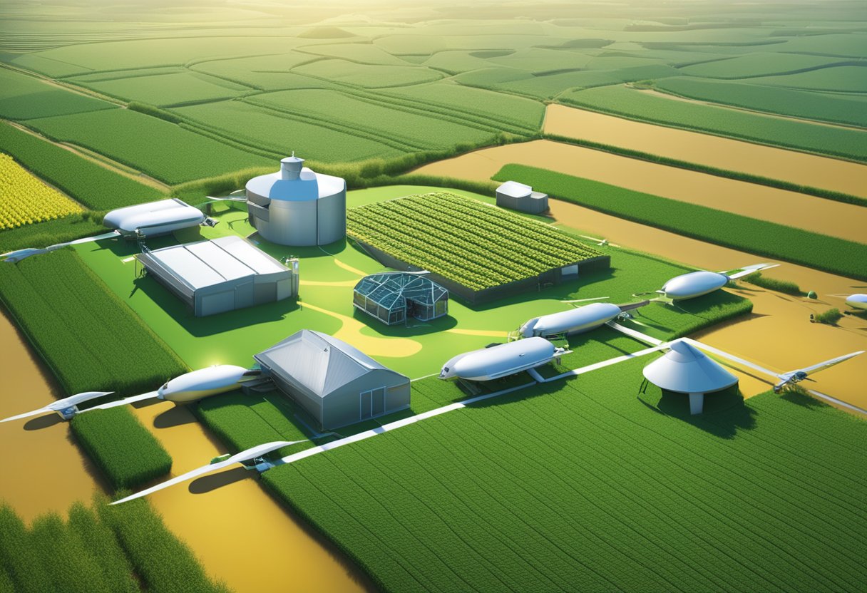 A futuristic farm with automated machinery, drones, and AI algorithms analyzing crop data for supply chain and demand forecasting in agriculture