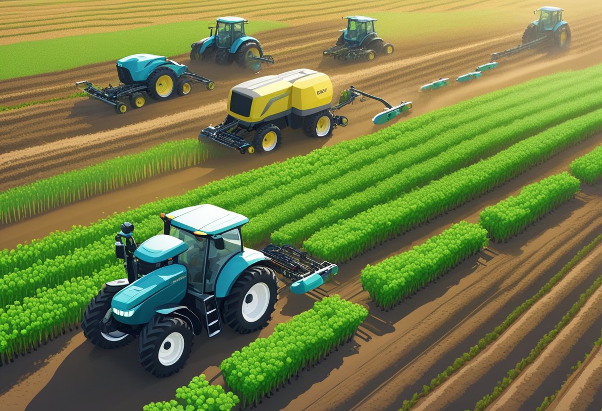 Robotic tractors plow fields while drones monitor crop health. AI analyzes data to optimize planting and harvesting. Smart irrigation systems conserve water