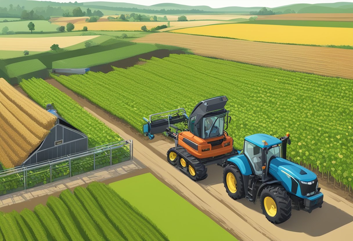 A farm landscape with crops being tended by robotic machinery guided by AI technology