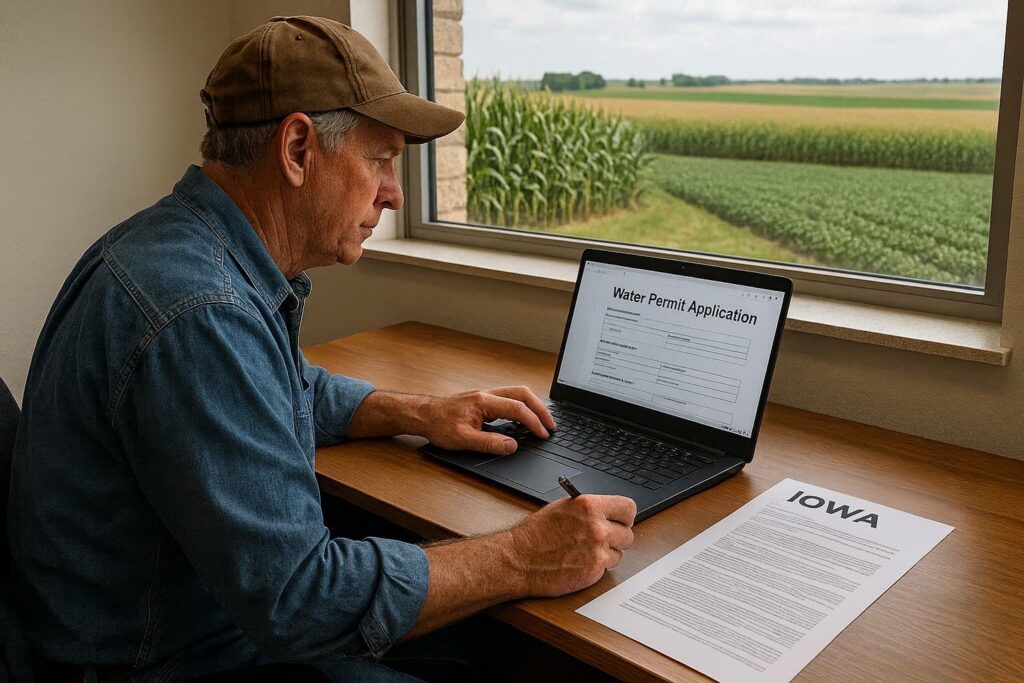 an Iowa farmer at a desk filling out water permit applications on a laptop, with official Iowa documents to aid complying with the Iowa Agricultural Water Rights and Permit Requirements