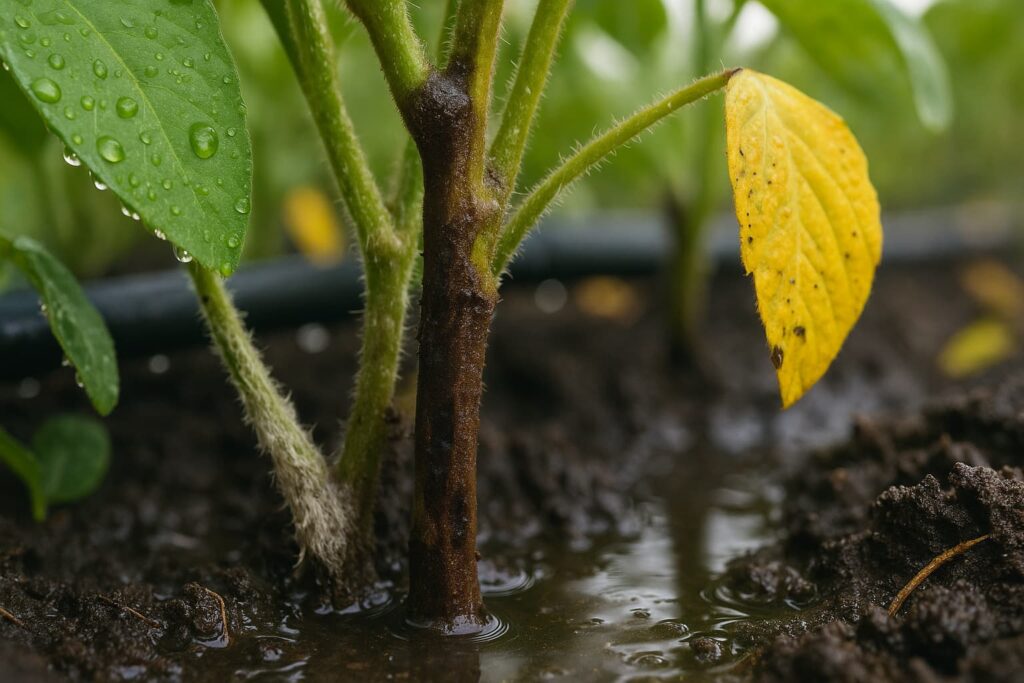 Close-up of soybean diseases from overwatering showing Phytophthora stem lesions, white mold, and saturated soil around infected plant base