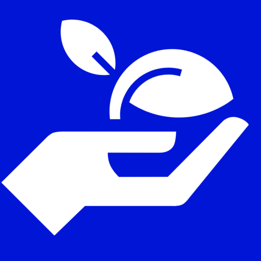 Aguafox icon - a blue background with a white hand palm upwards and a soybean leaf atop it