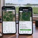 AgSense 365 vs Lindsay FieldNET soybean pivot management — side by side smartphone dashboards showing multi-pivot map and FieldNET Advisor irrigation recommendation for commercial Midwest soybean operation